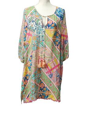 Tolani Silk Kaftan Floral Boho Tassel Lace Hem Vibrant Colorblock Dress Size M